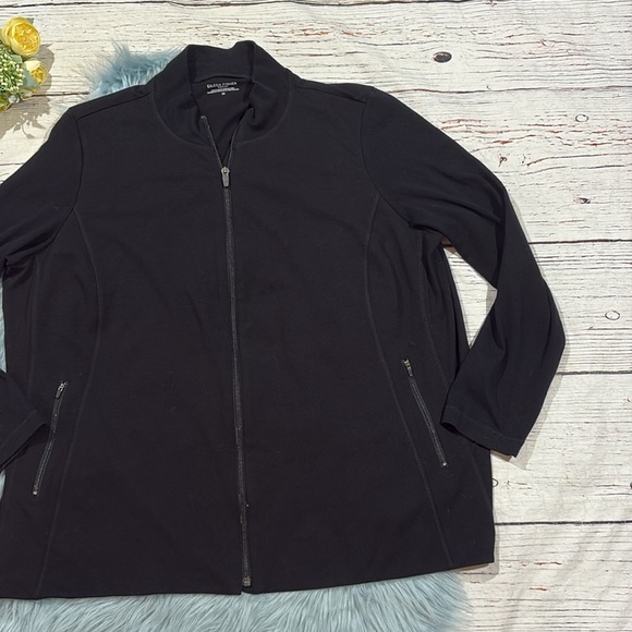 Eileen Fisher Black Zip Front Lounge Pocket Lightweight Jacket Sweatshirt - Picture 5 of 8